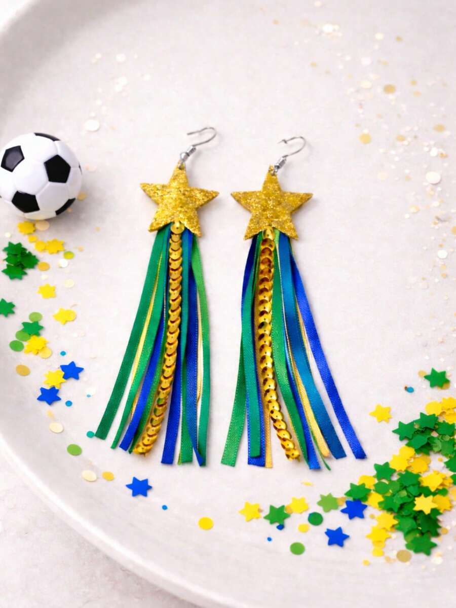 1 Pair Of Earrings In Brazil World Cup Colors With Ribbons And Glitter, Sequins With Sparkling Stars, For The World Cup, Football, Fans, And Brazil - 金色 - 查看 1