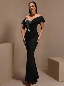 Elegante vestido de noche formal con decoración de strass, hombro regular, bajo de cola de pez, para boda y primavera, color negro - Negro - Ver 3