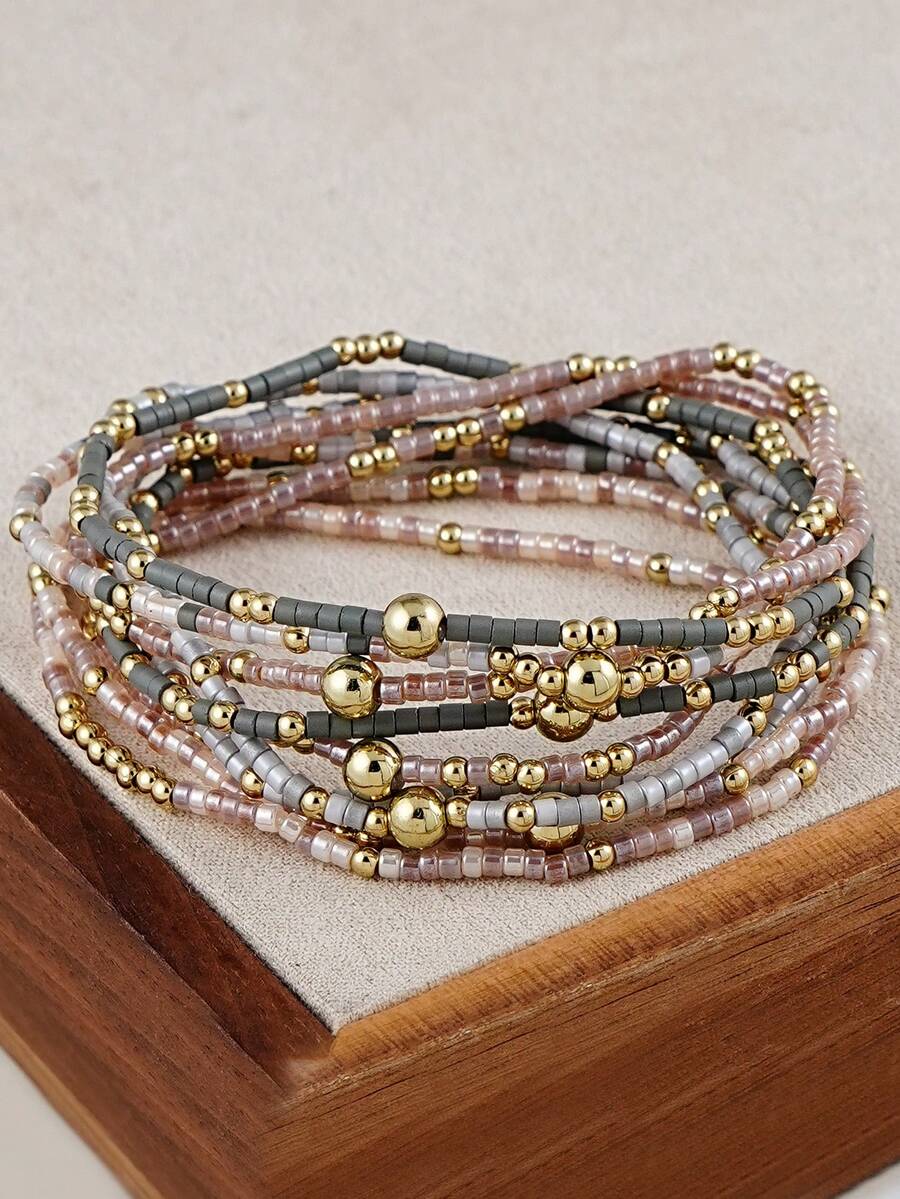 9件套波西米亚风手工串珠弹力手链套装，多层可叠戴手链，适合女性日常、度假、派对佩戴 - 彩色 - 查看 1