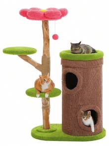 PAWZ Road 53.5" Wood Cat Tree With Flower Perch,  Modern Cat Tower W/Natural Solid Wood Scratching Post (φ3.8in), Large Heavy Duty Forest Cat Tree Furniture W/2 Condos For Indoor & Multi-Cat Household - 綠色 - 查看 10