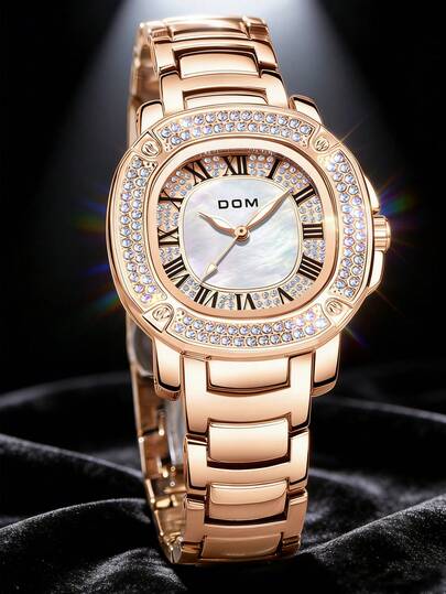 DOM 1pc Women's Luxury Watch, Original Women's Watch, Waterproof Stainless Steel Luxury Quartz Ladies Wristwatch, Rose Gold Color, Shiny Geometric Dial Design, Elegant Crystal Accents, Perfect Gift For Her, Fashionable Daily Wear