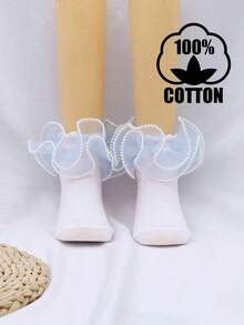 1 Pair Cotton Girls' Solid Color Lace Pearl Ruffle Dance Ankle Socks - Blue - View 8