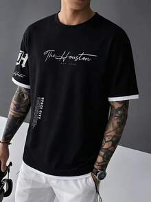 男士夏季时尚百搭简约印花撞色滚边短袖T恤 - 黑色 - 查看 1