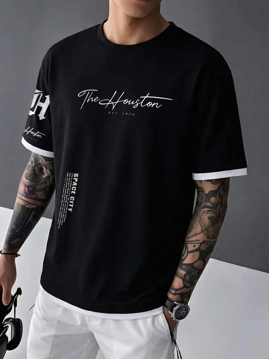 男士夏季时尚百搭简约印花撞色滚边短袖T恤 - 黑色 - 查看 1