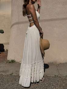 Look-Polly 女士夏季连衣裙，吊带露背修身长裙，荷叶边下摆，无袖性感连衣裙，适合海滩、度假、派对等场合，优雅迷人。 - 杏色 - 查看 10