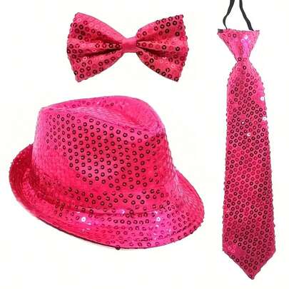 3pcs/2pcs Disco Glitter Soft Felt Hat Set - 1970s Retro Style, Includes Bow Tie & Necktie, Unisex, Suitable For Festivals & Parties