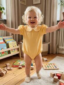 Baby Boy Girl Bubble Romper Infant Short Sleeve Collar Romper Oversize T-Shirt Cotton Bodysuit Top - 黃色 - 查看 6