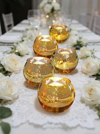 2pcs Gold Glass Candle Holders, Centerpiece Decor, Wedding Decoration, Round Candle Holders, Birthday Party Decor, Romantic Dinner Table Decor, Home Decoration, Room Decor, Party Favors, Tea Light Holders, Kitchen Dining Table Decor, Desktop Decoration, Bridal Shower, Anniversary Decor (Candles Not Included)