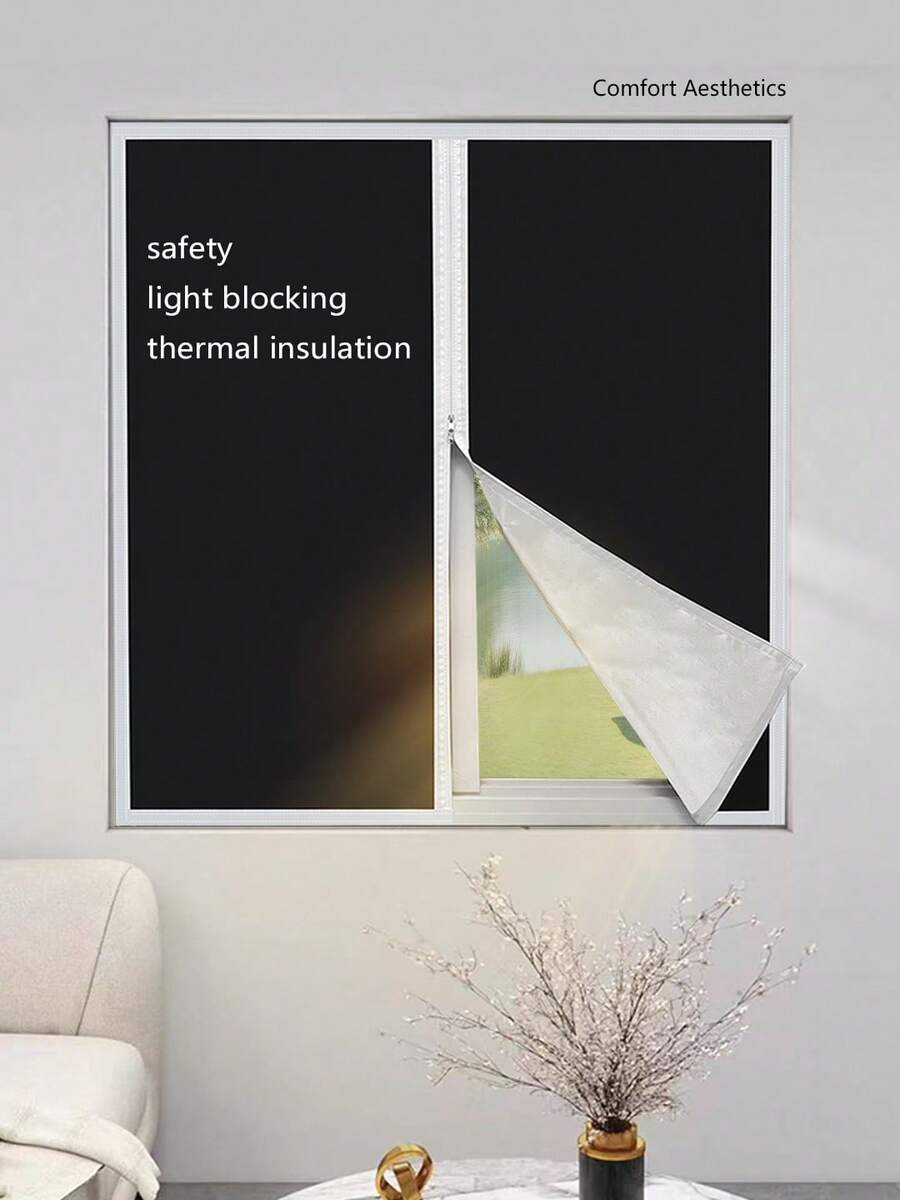 1pc Blackout Curtain, Self-Adhesive Zipper Design, No Drilling Required, Sunshade & Heat Insulation Fabric, Suitable For Bedroom, Basement, Kitchen, All Seasons - White - View 1