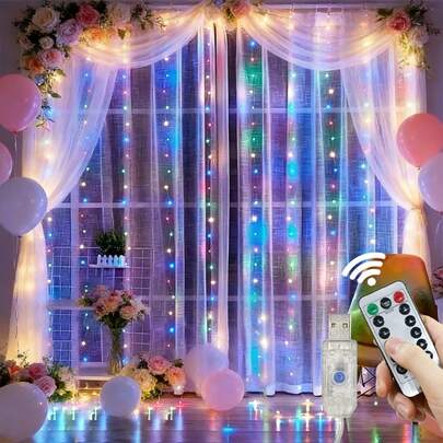 1pc USB Powered LED Curtain Lights, Wedding Backdrop Wall Decor Hanging Fairy String Lights With Remote Control, Bedroom Window Wall Stage Backdrop Lights, Romantic Wedding Birthday Party Ramadan Eid Mother's Day Easter Valentine's Day Decor Lights - 8 Lighting Modes