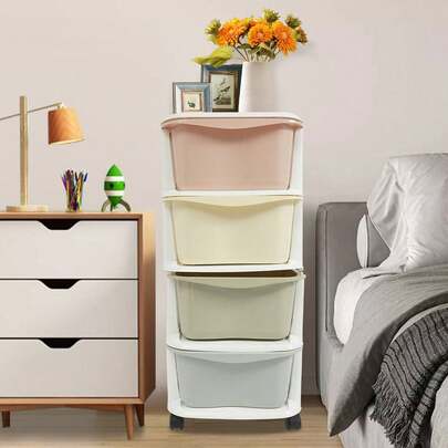 ZHFEISY 4 Tier Rolling Storage Drawer Cart, Plastic Storage Trolley With Wheels Studio Organizer Bins 4 Drawer Organizer Bins Utility Cart For Office Living Room Bathroom