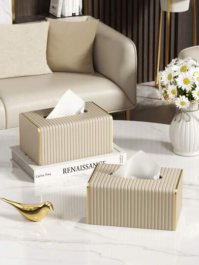 Multifunctional Desktop Tissue Box, PU Leather Striped Tissue Dispenser, Nordic Luxury Hotel Style Gold Edge Tissue Box, Desktop Tissue Storage Box, Tissue Holder, Compact Desktop Decor For Living Room, Dining Room And Kitchen, Home Decor And Organization, Apartment Essentials