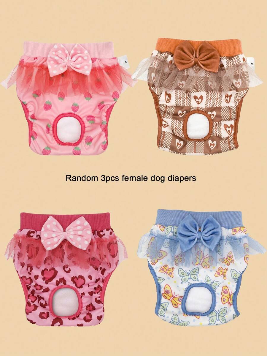 3pcs/Pack Random Print Puppy Diapers, Breathable Leak-Proof Dog Physiological Pants, Pet Menstrual Underwear Suitable For Small/Medium Dogs