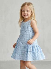 Girls' Casual Plaid Print Suspender Dress With Embroidered Tea Cup - Light Wash - View 2
