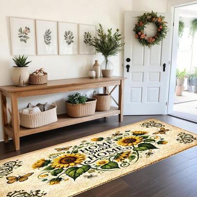 1pc Spring/Summer Series Gnome With Different Style Pointed Hat, Surrounded By Sunflower Field, Ladybug On Green Leaves, Various Floral Pattern Printed Faux Wool TPR Bottom Doormat, Bathroom Mat, Kitchen Mat, Laundry Room Mat, Holiday Decor, Home Decor, Party Decor, Wedding Decor, Kitchen & Dining Decor
