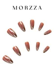 24片复古休闲优雅猫眼3D金色不对称法式浮雕中杏仁形假指甲套装，适合优雅女性日常及购物场合。 - 咖啡棕 - 查看 2