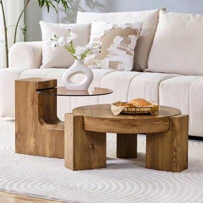 [Separatable Coffee Table Set] MDF Wood Look + 0.6 Cm Brown Tinted Safety Glass – Combined As A Coffee Table / Separated As Two Side Tables, Adaptable To Different Living Room Scenarios.