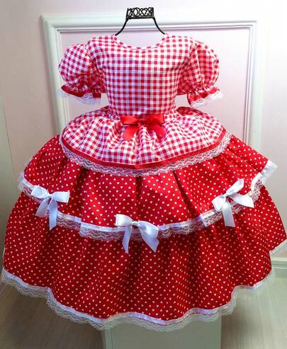 Vestido Infantil Juvenil Festa Luxo Quadrilha Junina Arraia com Tiara