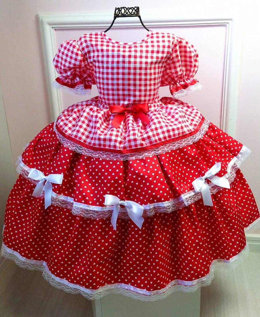 Luxury Party Dress For Girls/Teenagers, Quadrilha Junina (June Festival) With Tiara - Đỏ và trắng - Xem 1