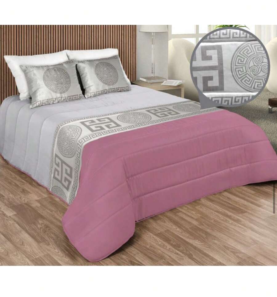 Colcha Conjunto Decorativo con 2 Almohadas, 250 x 260 cms + 2 cojines a juego con relleno para entretiempo,Edredones Colcha decorar tu dormitorio para Cama 135cm/ 150cm fabricados  en Portugal. - Rosa Velho/Gris - Ver 1