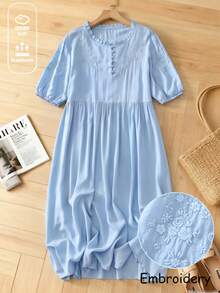 女士春夏粘胶刺绣宽松复古中长连衣裙 - 水藍色 - 查看 2
