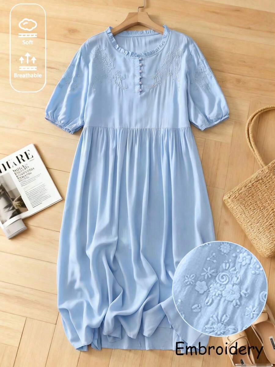 Women's Spring/Summer Viscose Embroidered Loose Retro Midi Dress Elegant - Aqua Blue - View 1