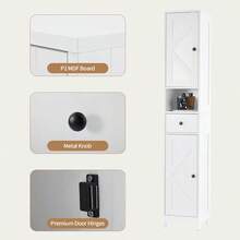 Organización óptima para cualquier estancia - Mueble de baño alto y estrecho 170 cm - Estantes regulables, cajón, puertas dobles, ideal para espacios pequeños - Resistente al agua - Color blanco - Blanco - Ver 3