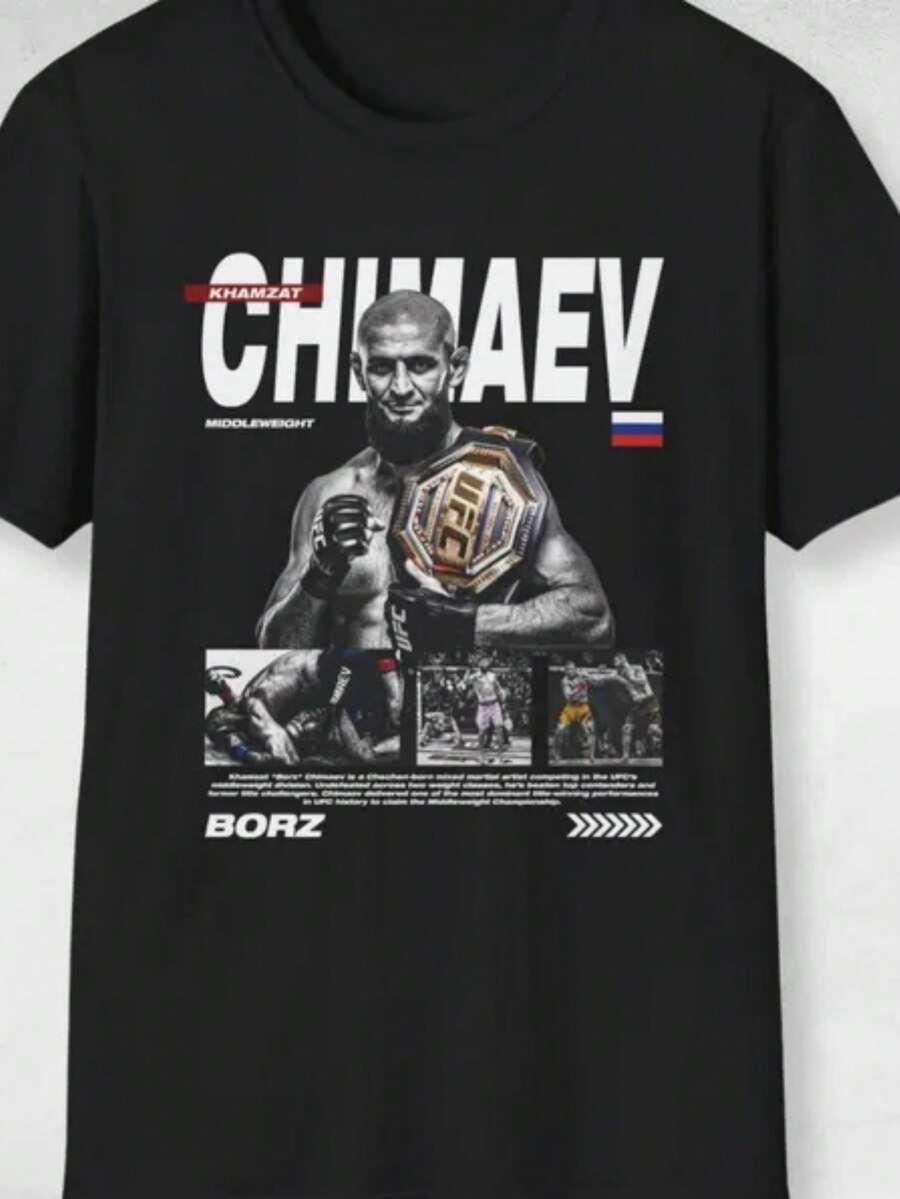 Hamzat Chimaev Shirt Borz Vintage Bootleg MMA Graphic Design T-Shirt Vintage Fighter Shirt Unisex Bootleg T-Shirt Middleweight Champion - 黑色 - 查看 1