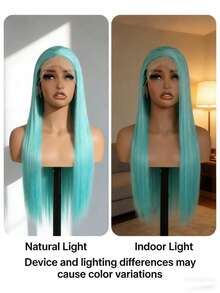 Peluca sintética con flequillo, densidad del 180%, 13*4 encaje frontal, resistente al calor y transpirable, hecha de fibra sintética, línea de cabello natural, se puede separar libremente, adecuada para fiestas, uso diario, festivales de música, peluca con flequillo recto verde para primavera y verano - Verde - Ver 8