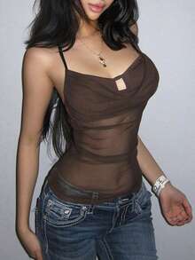 Women's Sexy Spaghetti Strap Semi-Sheer Mesh Tank Top, Summer Outfits, Y2K Style, Holiday Wear - Brown - View 4