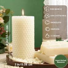 4/6/8 Pack Hand Rolled Ivory White Honeycomb Beeswax Pillar Candles, 2 X 4 Inches Smokeless Unscented Handcrafted Decor Candles, Natural Clean Burning Candles, Ideal Home Table Ornaments & Premium Gifts For Candle Enthusiasts - 白色 - 查看 3