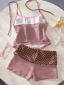 Women's Summer Beach Polka Dot & Striped Print Halter Tankini Swimwear Set Vacation - Reddish-brown - View 7