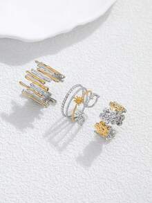 Set de 3 anillos abiertos de acero inoxidable con degradado de color, diseño de árbol de raíces y flor, adecuado para uso de mujeres o como regalo - Amarillo Oro - Ver 1