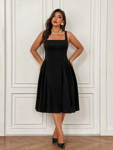 大码女式黑色无袖连衣裙，方领，高弹面料，夏季优雅款 - 黑色 - 查看 1