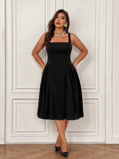 Große Größen Damen Schwarzes ärmelloses Kleid, quadratischer Ausschnitt, hochelastisches Material