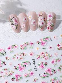 2片/套 时尚粉色花卉5D立体美甲贴纸，逼真樱花枝蔓美甲贴花，DIY水彩混合花卉美甲装饰，春夏美甲用品 - 彩色 - 查看 5