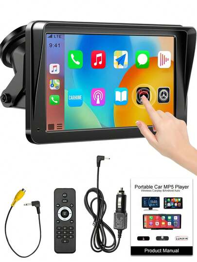 7英寸无线Apple CarPlay和Android Auto播放器，支持蓝牙免提通话/屏幕镜像/导航/语音控制/TF卡/AUX输入，适用于轿车、卡车、SUV