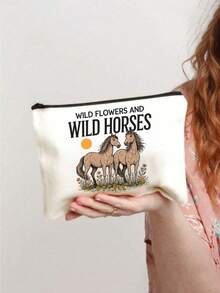 Wild Flowers And Wild Horses Pattern Makeup Bag, Cartoon Fun Multi Functional Canvas Bag, Charger Storage Bag,Travel Essential Makeup Bag: Girls' Travel Survival Bag, Men's And Women's Zipper Bag, Cosmetics, Makeup And Travel Essential Lightweight Reception Bag, Perfect Gift For Teenagers, Birthday And Travel Accessories,Holiday Gifts - Multicolor - View 2