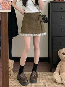 2026 Spring/Summer Khaki Polka Dot Lace A-Line Mini Skirt - Elegant Sweet Lace Trim Tie Waist Skirt, Suitable For 2026 Retro Polka Dot/Valentine's Day/Easter/Mother's Day/Evening Date/Coffee Gathering/Weekend Date - Brown - View 3