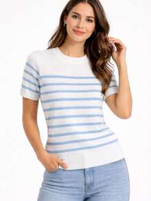 STORE MODA SUMMER KNITTED MODAL STRIPED BLOUSE - TRẮNG VÀ XANH NHẸ - Xem 3