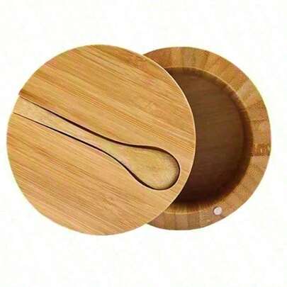 Bamboo Seasoning Box With Spoon Rotating Cover Bamboo Seasoning Pot Magnetic Suction Seasoning Pot Single Cell Salt Box, Food, Kitchen, Cooking, Seasoning, Spice, Party, Travel, Kitchen Items, Kitchen Tools, Kitchen Things.