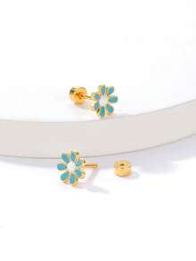 1 Đôi bông tai hình hoa xinh xắn, kiểu vặn vít, mạ vàng 18K chất lượng cao, độ dày 0.03μm. - Màu xanh nhạt - Xem 3