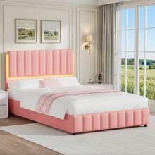 Queen Upholstered Bed Frame With LED Lights, Faux Leather Platform Bed With Headboard And Wooden Slats Support, No Box Spring Needed, Noise-Free, Easy Assembly, Twin/ Full/ Queen (USB LED Strip) - Hồng - Xem 5
