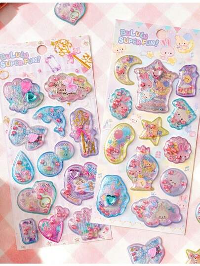 闪亮甜美！3D卡通液体闪粉贴纸，可爱闪亮贴纸，适用于文具DIY手工制作、女孩派对礼物、家居装饰、派对装饰、生日礼物、各种节日礼物、时尚单品。DIY。送给朋友或伴侣的礼物。毕业典礼。