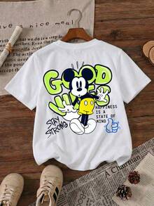 Disney Mickey Mouse Good Vibes Stay Strong Neon Quotes Printed Pattern T-Shirts For Girls - Children's Clothing Design Short-Sleeved Casual And Cute Style Comfortable And Casual Wear All Year Round Suitable For Parties And Play Machine Washable Gift Children's Clothing Girls' Short-Sleeved Shirts - trắng - Xem 2