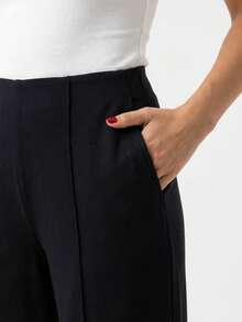Black Soft Knit Wide Leg Pants With Ribbed Trim - Black - View 2
