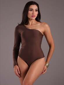 J.A.B.I Modas Women's Long Sleeve One Shoulder Bodysuit - Chocolate Brown - View 5