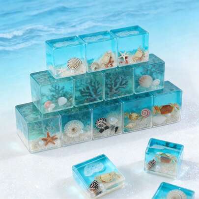 Ocean Cube Series, Micro Landscape Real Crab & Starfish Resin Decor, Blue Ocean Wave Travel Souvenir Small Gift