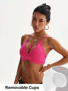 Women's Solid Color Removable Padded Racerback Sports Bra - Hot Pink - View 1