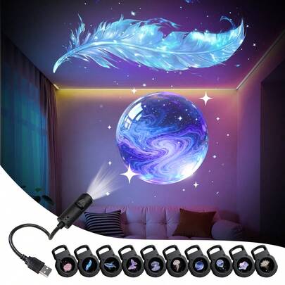 3/6/10pcs Dreamy Pattern USB Projector Light, Portable LED Mood Decor Night Light With Rose, Whale, Butterfly, Cloud, Heart, Planet, Feather Projection Designs, Suitable For Walls, Floors, Ceilings, And Other Scenes, Perfect For Birthday Gifts